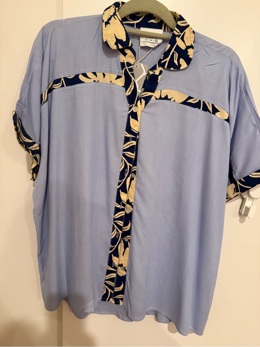 Relaxed Light Blue Button-Down Shirt with Navy & Cream Floral Trim
